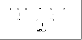 文本框:   
A   ×   B       C     ×      D 
    ↓                 ↓ 
        AB         ×       CD 
                   ↓ 
                 ABCD 
